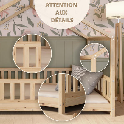 Lit cabane Crazy Pine Crazy House avec tiroirs 190 x 90 cm &ndash; Lit enfant en bois naturel avec barri&egrave;re &ndash; Lit Montessori au sol avec rangement suppl&eacute;mentaire et barri&egrave;re amovible