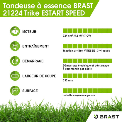 BRAST tondeuse thermique 3 roues TRIKE E-START 224cc 53cm tractée démarrage électrique mulching 4en1 capot en tôle en acier 60l - moteur 4 temps de la marque française GT reglable