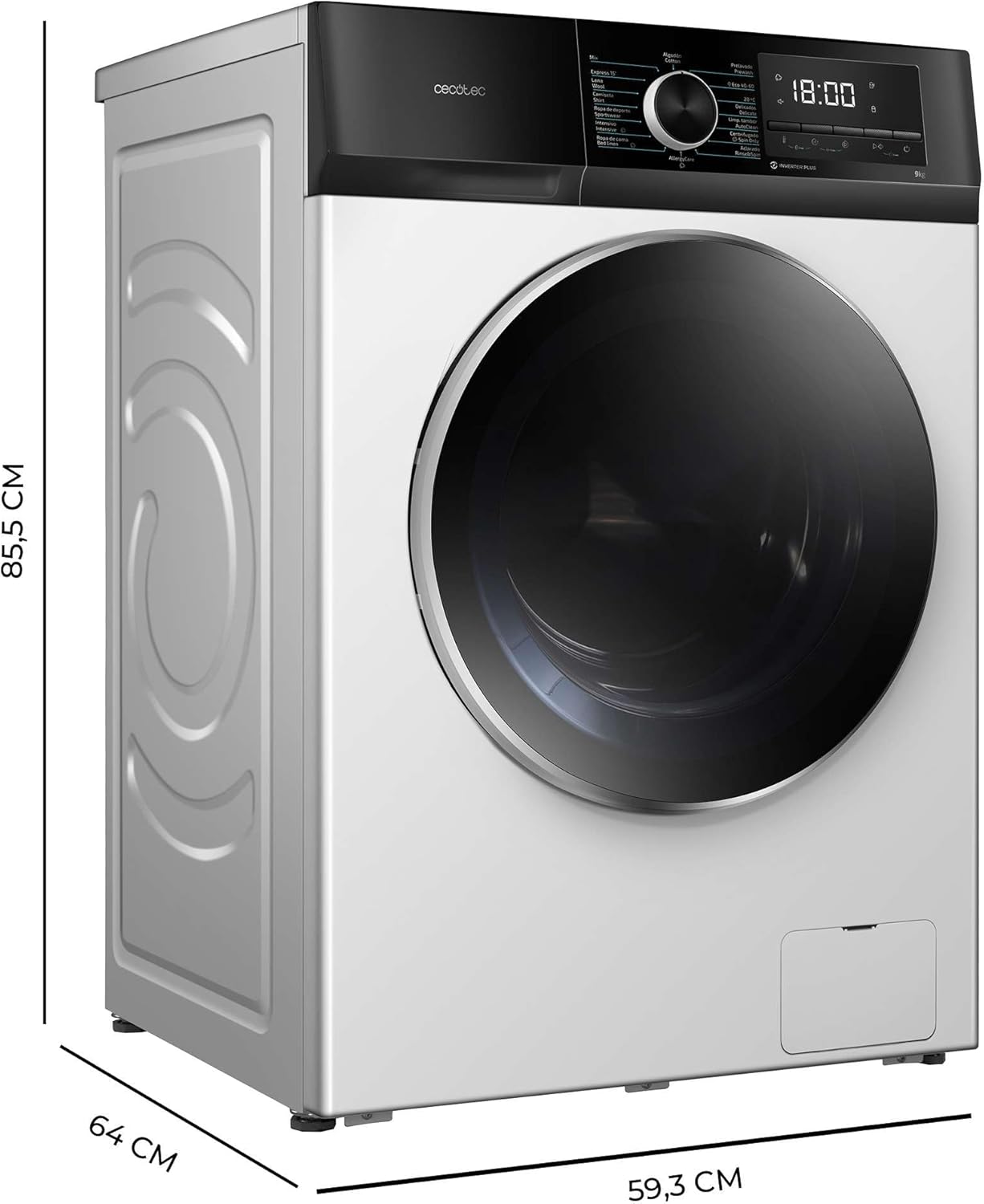 Cecotec Bolero Dresscode 10500 Inverter Steel A. Lave-linge 10 kg Steel, 1400 tr/min, Moteur Inverter Plus, Vapeur, Classe A.