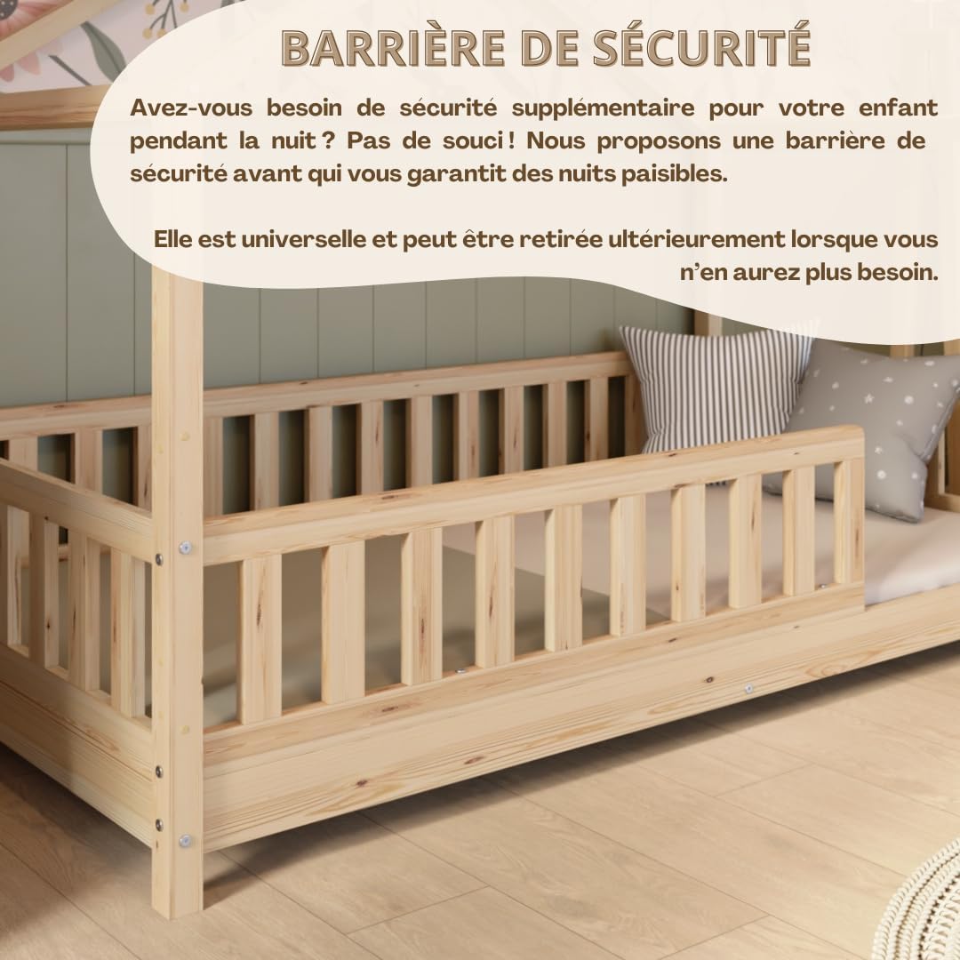 Lit cabane Crazy Pine Crazy House avec tiroirs 190 x 90 cm &ndash; Lit enfant en bois naturel avec barri&egrave;re &ndash; Lit Montessori au sol avec rangement suppl&eacute;mentaire et barri&egrave;re amovible