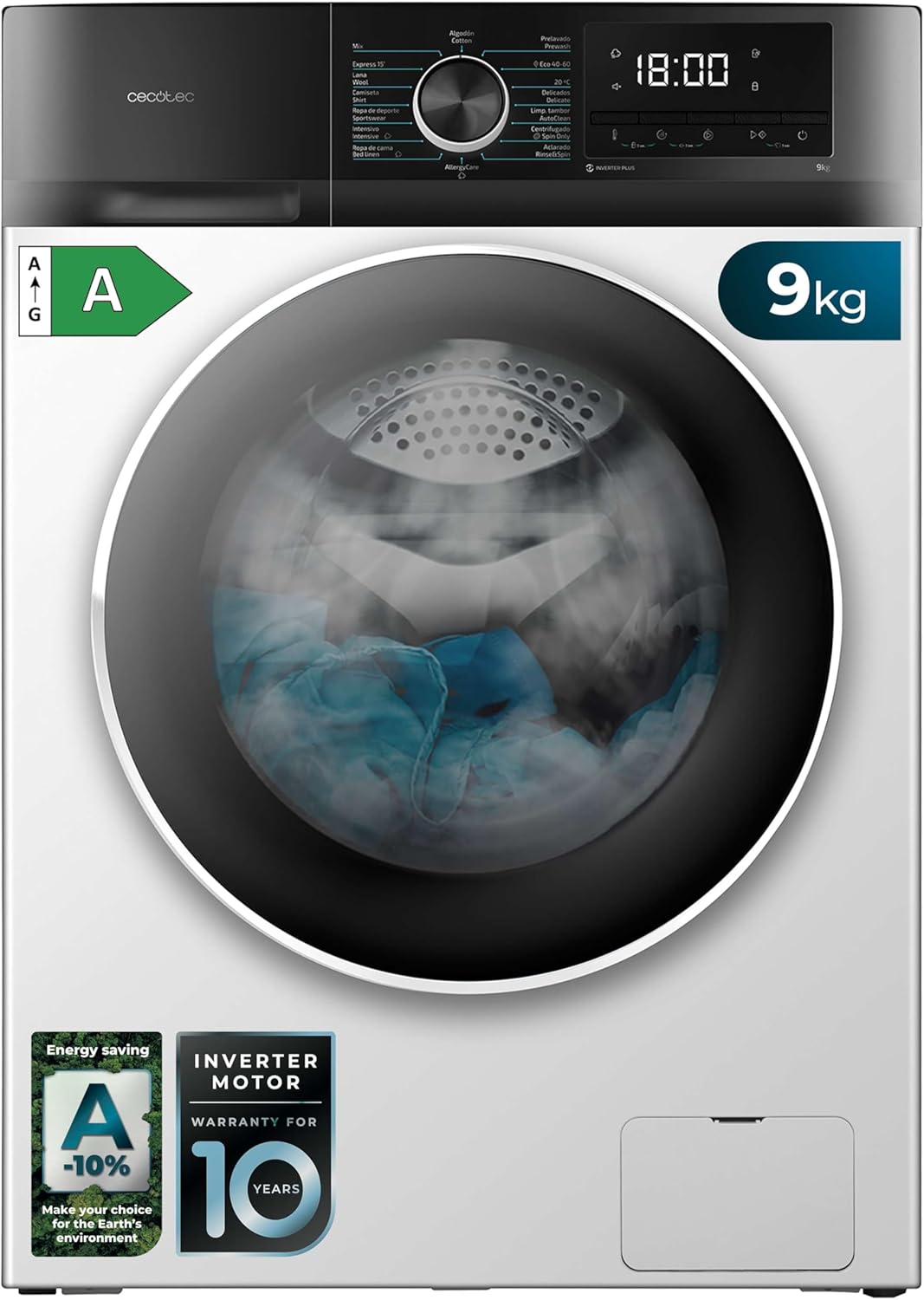 Cecotec Bolero Dresscode 10500 Inverter Steel A. Lave-linge 10 kg Steel, 1400 tr/min, Moteur Inverter Plus, Vapeur, Classe A.