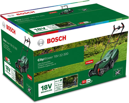 Bosch tondeuse à gazon sans fil CityMower 18V-32-300 (18 V, 1x batterie 4,0 Ah, Moteur Brushless, largeur de coupe : 32 cm, tond jusqu’à 300 m², dans une boîte en carton)
