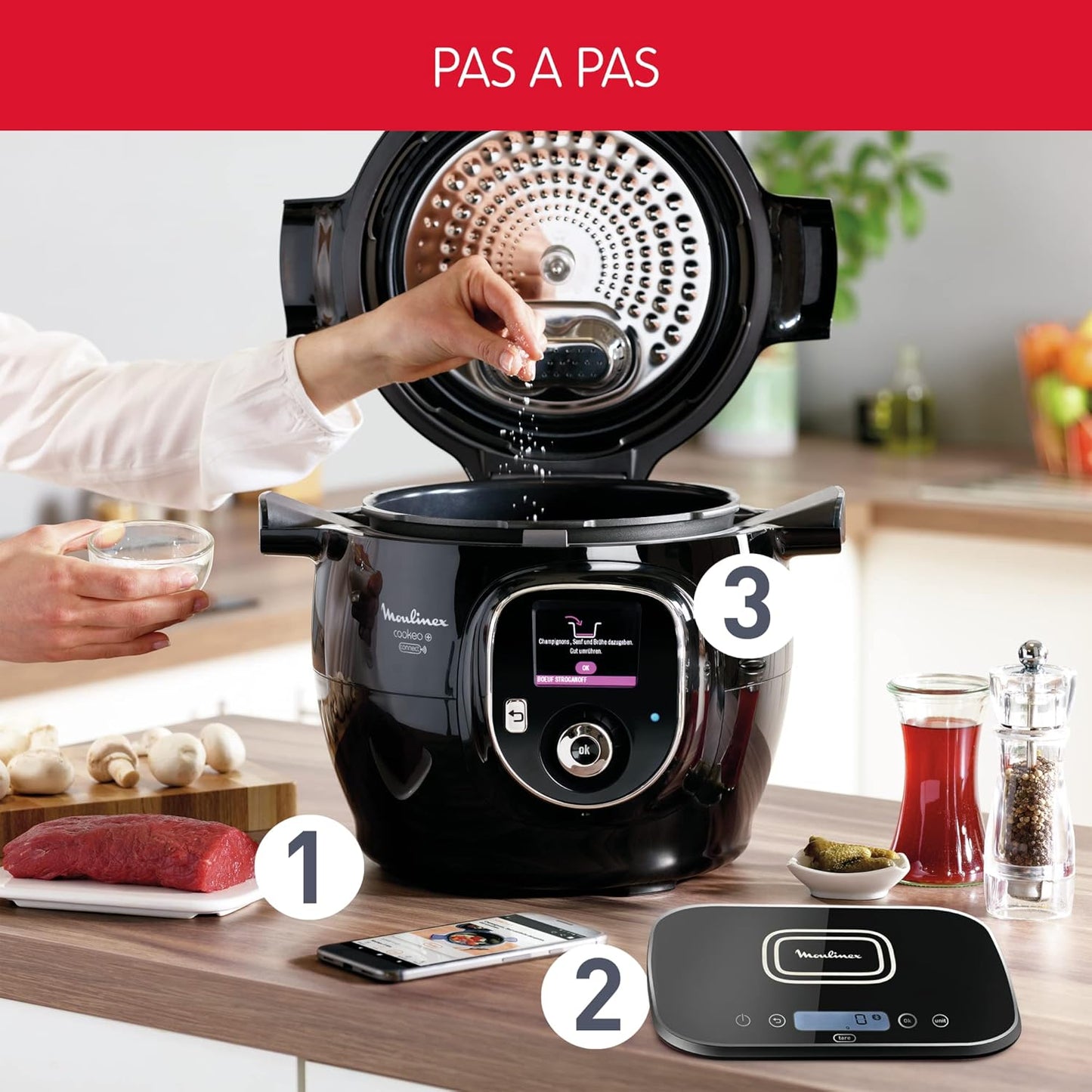 Connect Multicuiseur Intelligent Haute Pression Balance et Moule Inclus 6L 200 Recettes 6 Modes de Cuisson Guide Pas à Pas Application Mon Cookeo CE859800, 6 liters, Noir