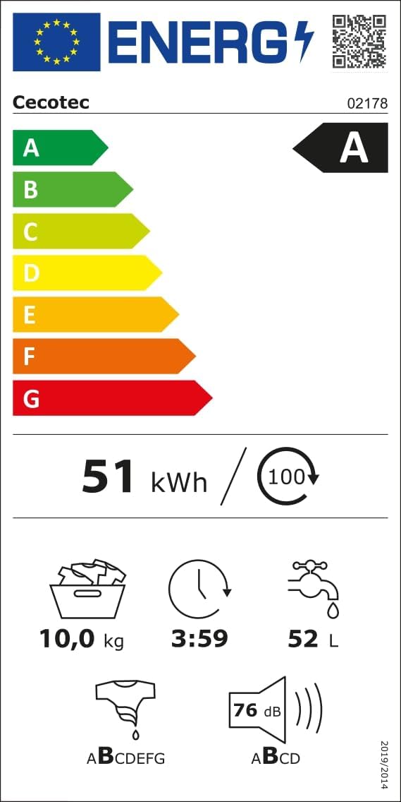 Cecotec Lave-Linge 9Kg Chargement Frontal Bolero Dresscode 9410 Inverter A. 1900W, 1400 tr/min Réglable, 16 Programmes, Faible Consommation d'Énergie, Vapeur, Stérilisation du Linge