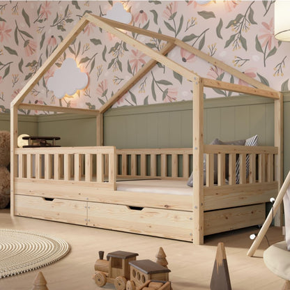 Lit cabane Crazy Pine Crazy House avec tiroirs 190 x 90 cm &ndash; Lit enfant en bois naturel avec barri&egrave;re &ndash; Lit Montessori au sol avec rangement suppl&eacute;mentaire et barri&egrave;re amovible