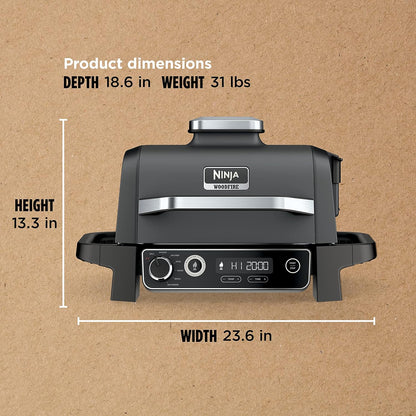 Ninja Woodfire Pro Gril et fumoir 7 en 1 avec thermomètre, friteuse à air, barbecue, pâtisserie, grillades, grillades, barbecue électrique portable pour extérieur, gris