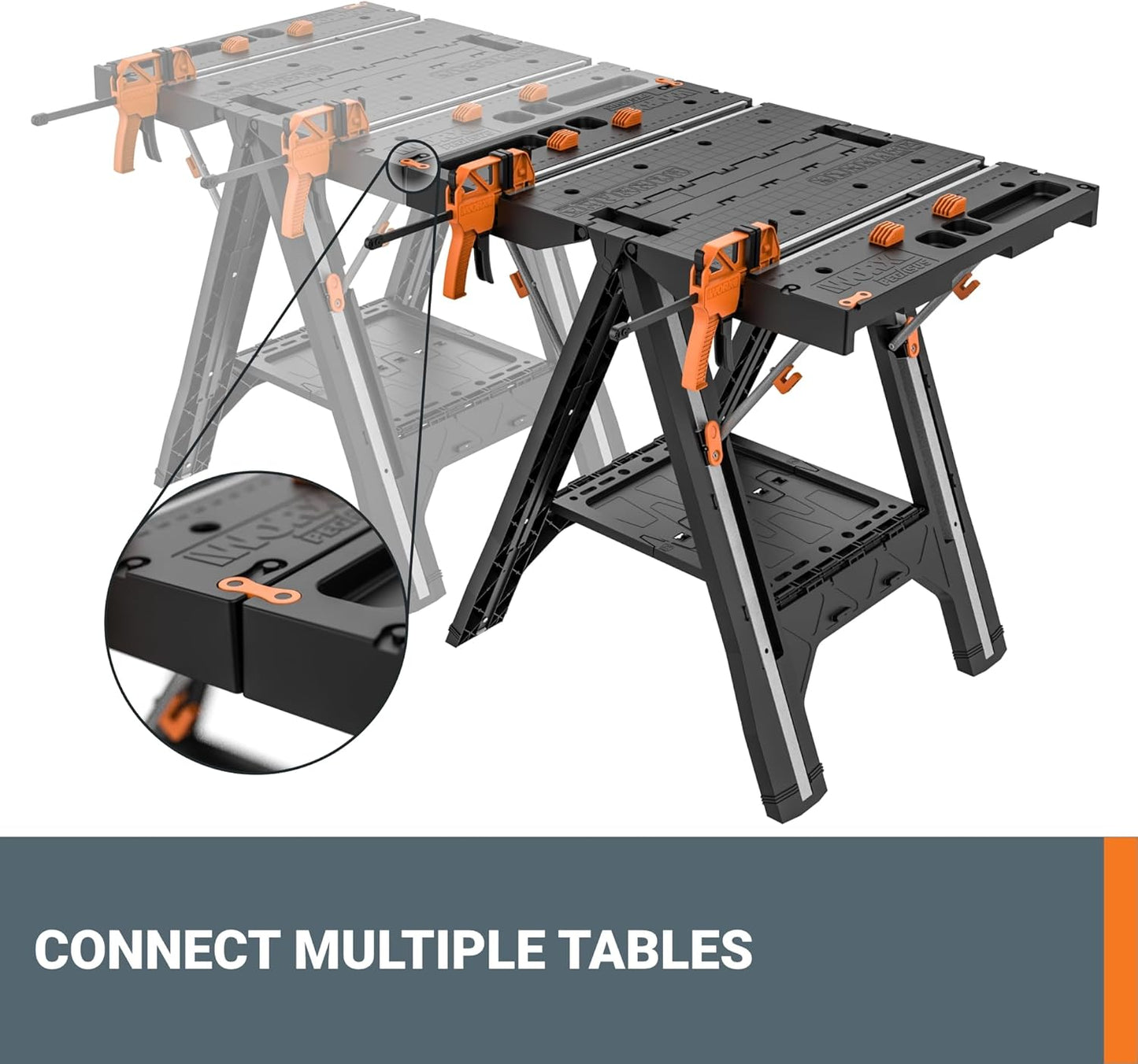 2026 Table de Travail et Chevalet Pliant 2-en-1 Worx Pegasus, Banc de Travail Portable Facile à Installer, 31" L x 25" P x 32" H, Léger avec Haute Capacité de Charge, WX051 - Inclut 2 Serres et 4 Brides