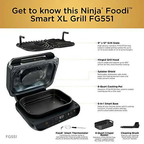 2026 Ninja FG551 Foodi Smart XL Grill d’Intérieur 6-en-1 avec Friteuse à Air 4 Quart – Finition Acier Inoxydable