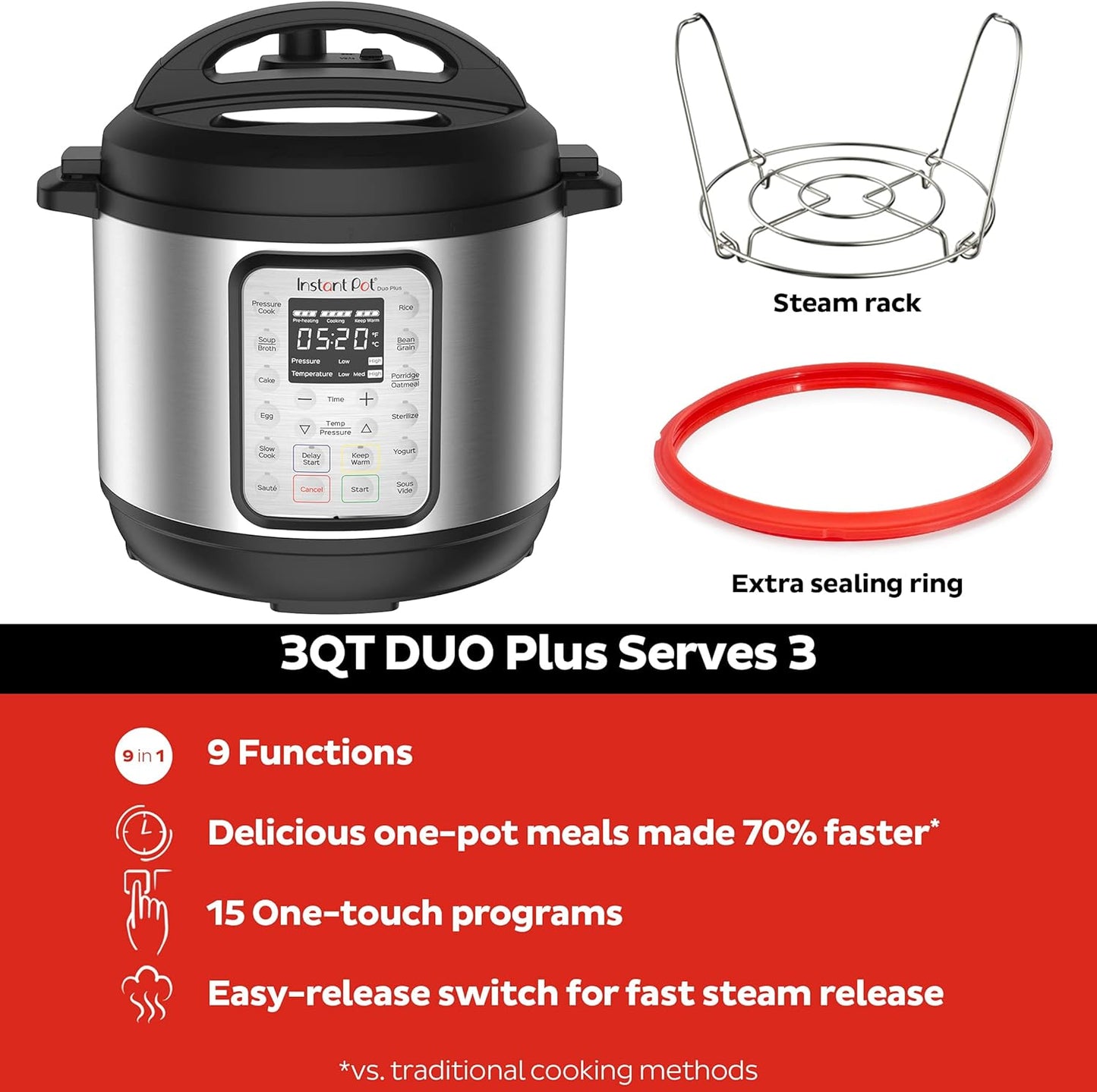 2026 Instant Pot Duo Plus 9-en-1 Multicuiseur, Autocuiseur, Slow Cooker, Cuiseur de Riz, Vapeur, Sauté, Yaourtière, Maintien au Chaud et Stérilisateur, Application Incluse avec Plus de 800 Recettes, Acier Inoxydable, 6 Quarts