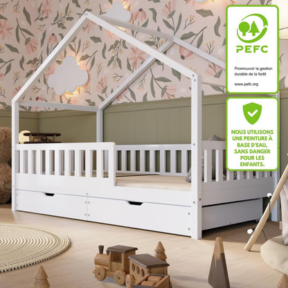 Lit cabane Crazy Pine Crazy House avec tiroirs 190 x 90 cm &ndash; Lit enfant en bois naturel avec barri&egrave;re &ndash; Lit Montessori au sol avec rangement suppl&eacute;mentaire et barri&egrave;re amovible
