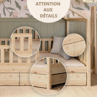 Lit cabane Crazy Pine Crazy House avec tiroirs 190 x 90 cm &ndash; Lit enfant en bois naturel avec barri&egrave;re &ndash; Lit Montessori au sol avec rangement suppl&eacute;mentaire et barri&egrave;re amovible