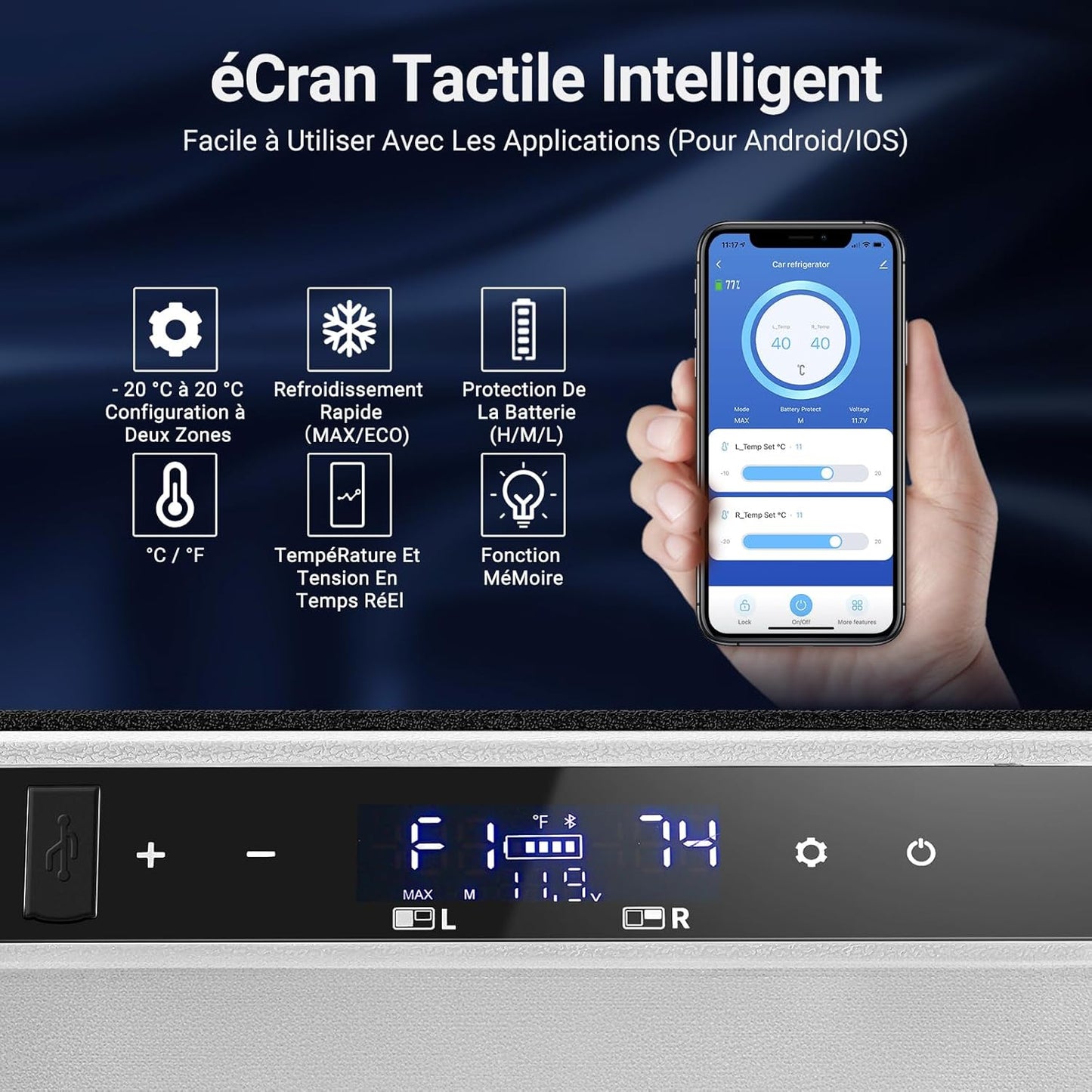 115L Glaciere Electrique Double Zone,Glaciere a Compression WiFi APP,12 V/24 V et 100-240 V Frigo Camping,-20 ℃ à 20 ℃,pour Voiture,Camion,Bateau,Camping,Car,Caravanes,Voyageant,Maison
