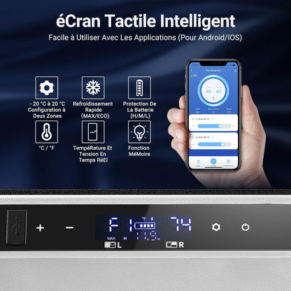 115L Glaciere Electrique Double Zone,Glaciere a Compression WiFi APP,12 V/24 V et 100-240 V Frigo Camping,-20 ℃ à 20 ℃,pour Voiture,Camion,Bateau,Camping,Car,Caravanes,Voyageant,Maison