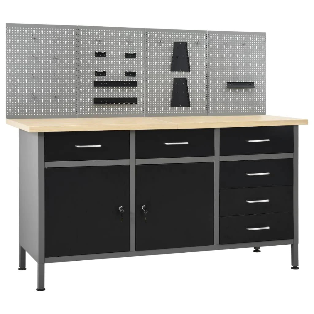 Etabli avec 4 panneaux muraux table de travail poste de travail stockage rangement d'outils 160 cm garage atelier pieds réglables en hauteur 02_0003666