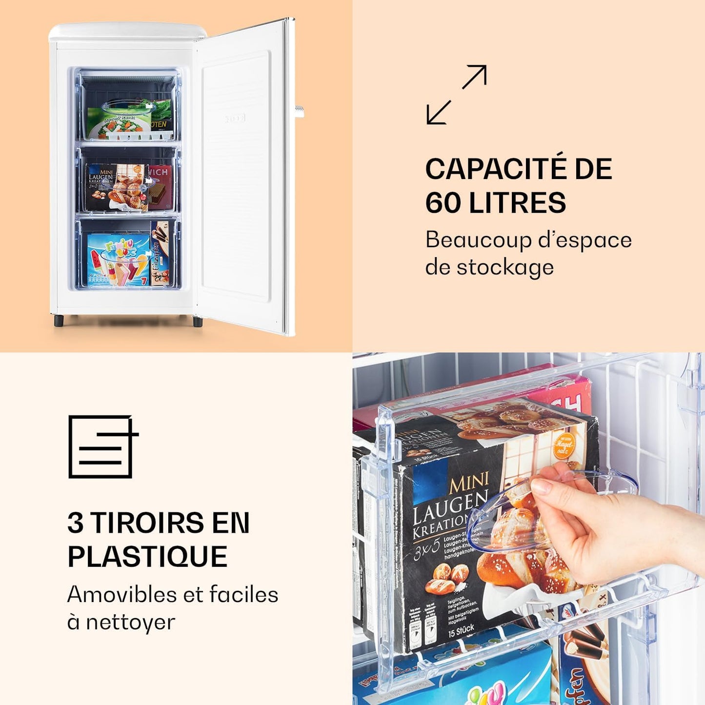 KLARSTEIN Laika - Congélateur, volume total 60 litres, thermostat à 5 niveaux, 0 à -18°C, 3 grilles, pose libre, design rétro - rouge