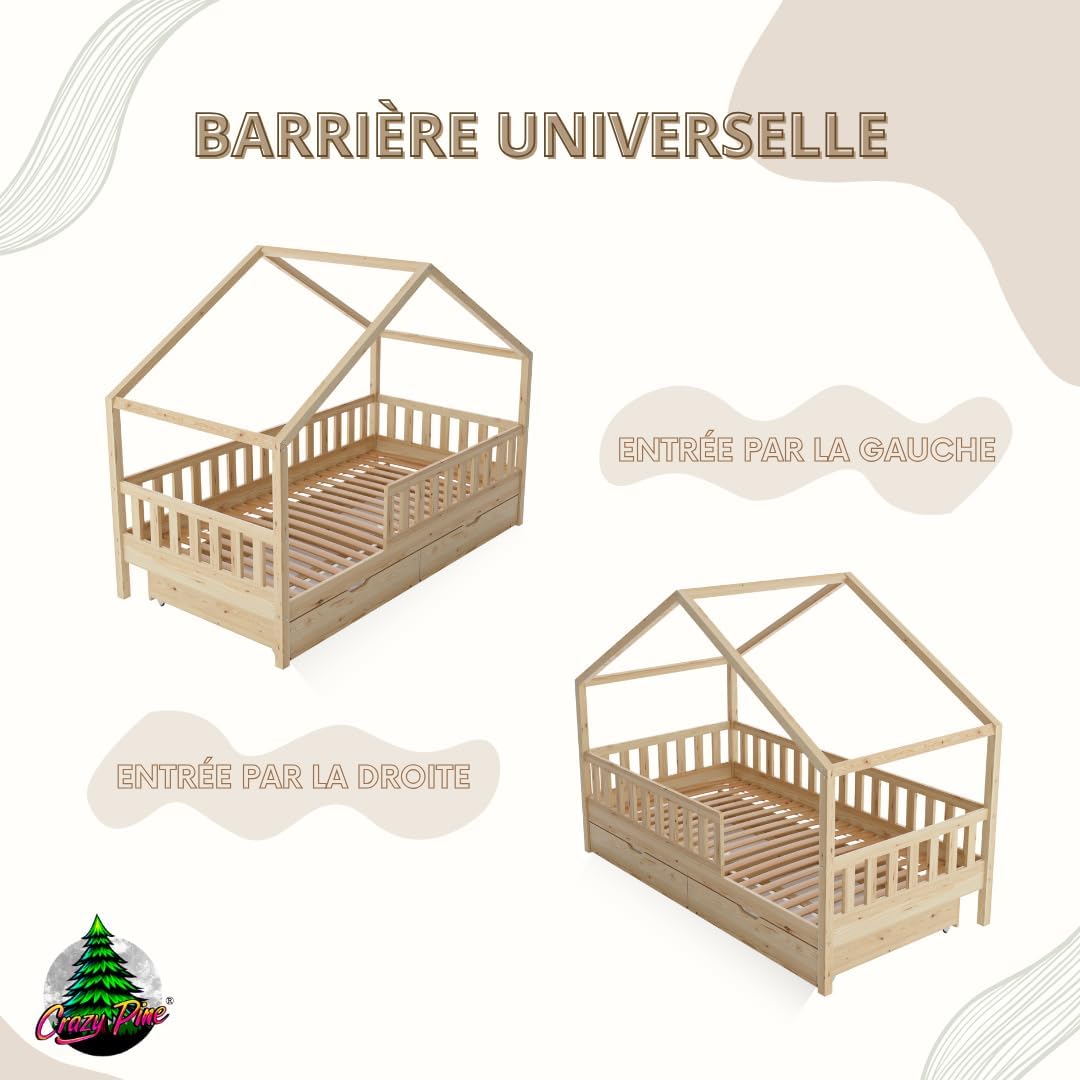 Lit cabane Crazy Pine Crazy House avec tiroirs 190 x 90 cm &ndash; Lit enfant en bois naturel avec barri&egrave;re &ndash; Lit Montessori au sol avec rangement suppl&eacute;mentaire et barri&egrave;re amovible