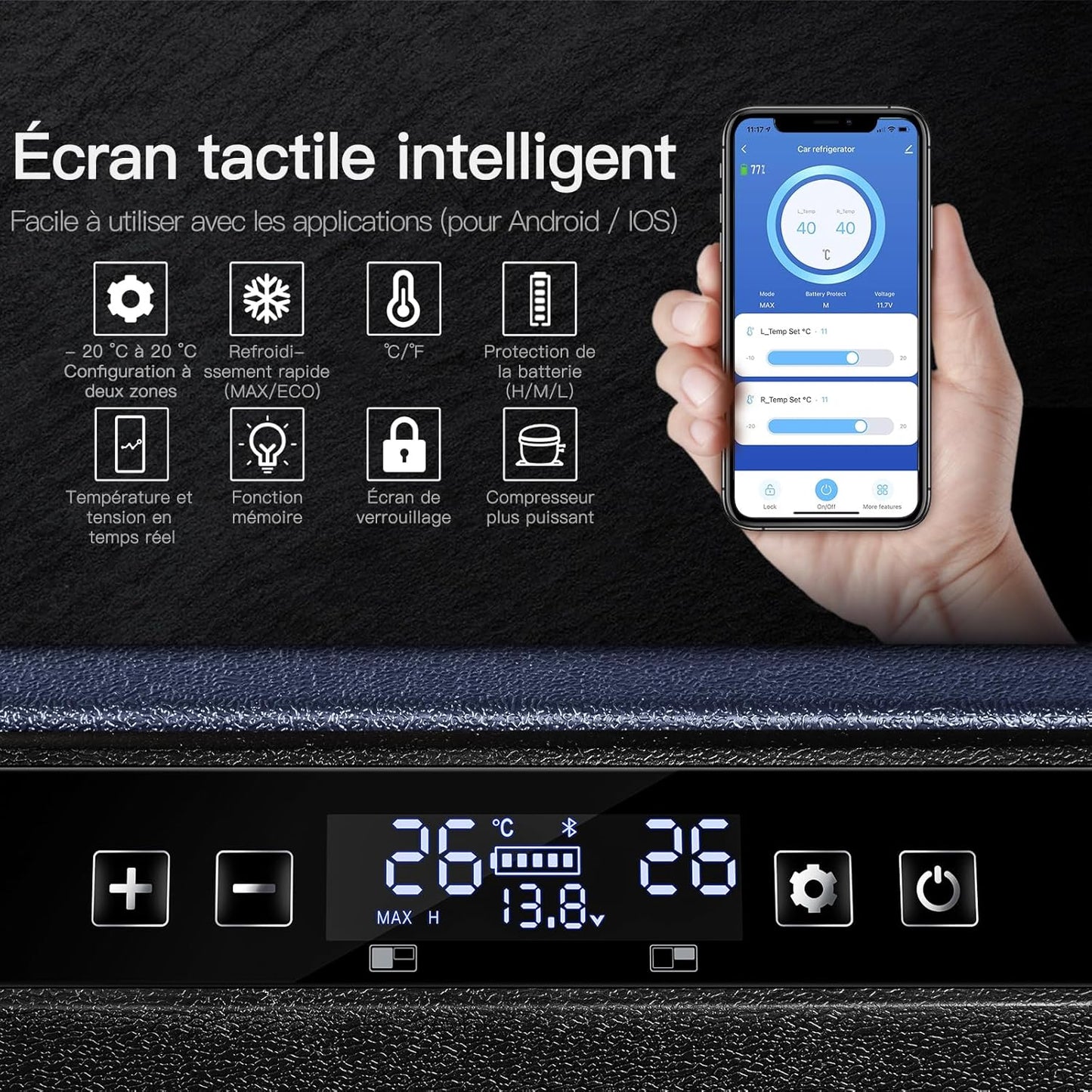 115L Glaciere Electrique Double Zone,Glaciere a Compression WiFi APP,12 V/24 V et 100-240 V Frigo Camping,-20 ℃ à 20 ℃,pour Voiture,Camion,Bateau,Camping,Car,Caravanes,Voyageant,Maison