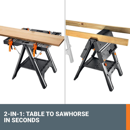 2026 Table de Travail et Chevalet Pliant 2-en-1 Worx Pegasus, Banc de Travail Portable Facile à Installer, 31" L x 25" P x 32" H, Léger avec Haute Capacité de Charge, WX051 - Inclut 2 Serres et 4 Brides