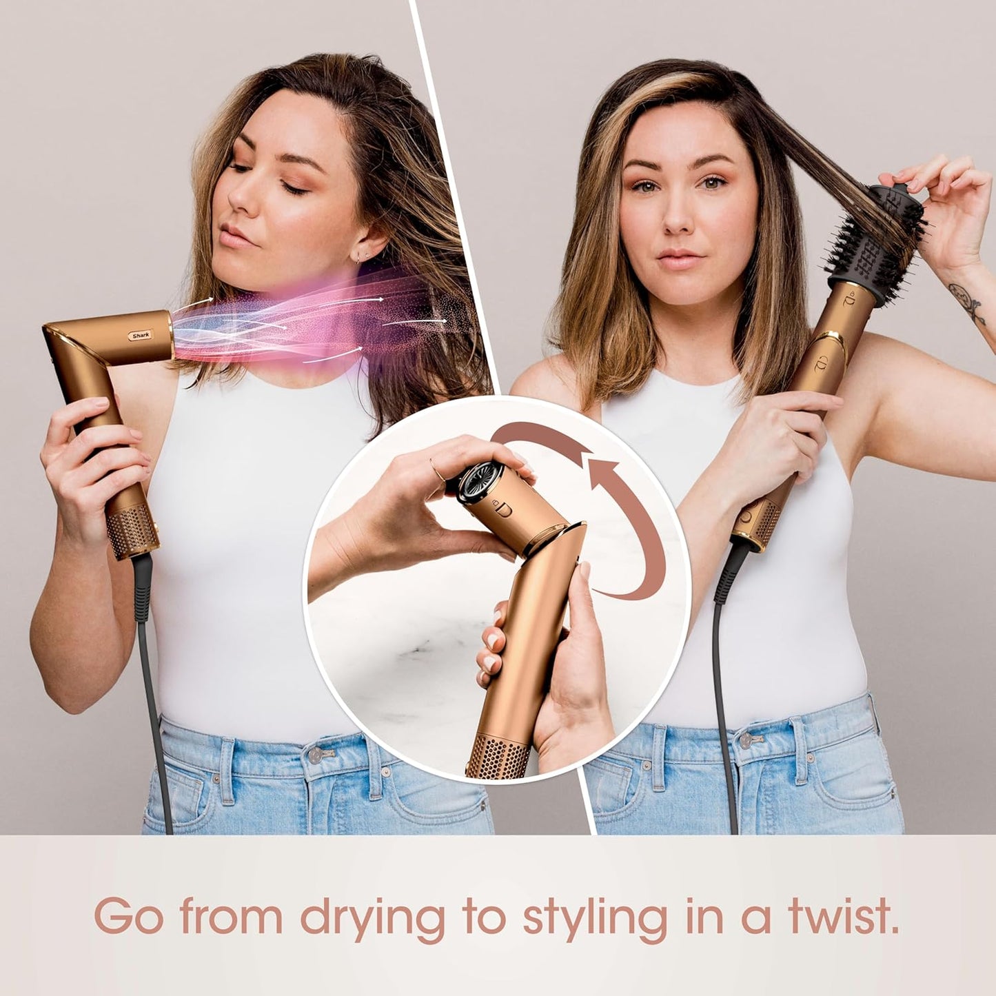 2026 Système de coiffage et de séchage Shark HD430 FlexStyle, sèche-cheveux brosse puissant et multi-styler avec boucleurs Auto-Wrap, brosse plate, brosse ovale et embout concentrateur, coloris Stone