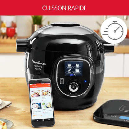 Connect Multicuiseur Intelligent Haute Pression Balance et Moule Inclus 6L 200 Recettes 6 Modes de Cuisson Guide Pas à Pas Application Mon Cookeo CE859800, 6 liters, Noir