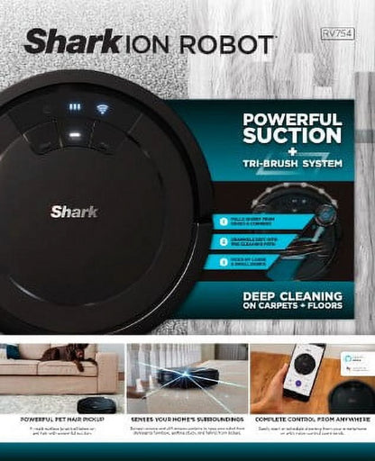 2026 Aspirateur Robot Shark ION RV754 avec Wi-Fi Connecté, Noir – Nettoyage Intelligente Multi-Surfaces pour Sols Durs et Tapis avec Tri-Système de Brosses