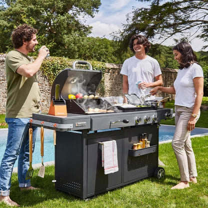 Barbecue Bi-Energy Gun Metal XL - Barbecue Charbon et Plancha 60 x 42 cm à gaz avec brûleur latéral -12,95 KW