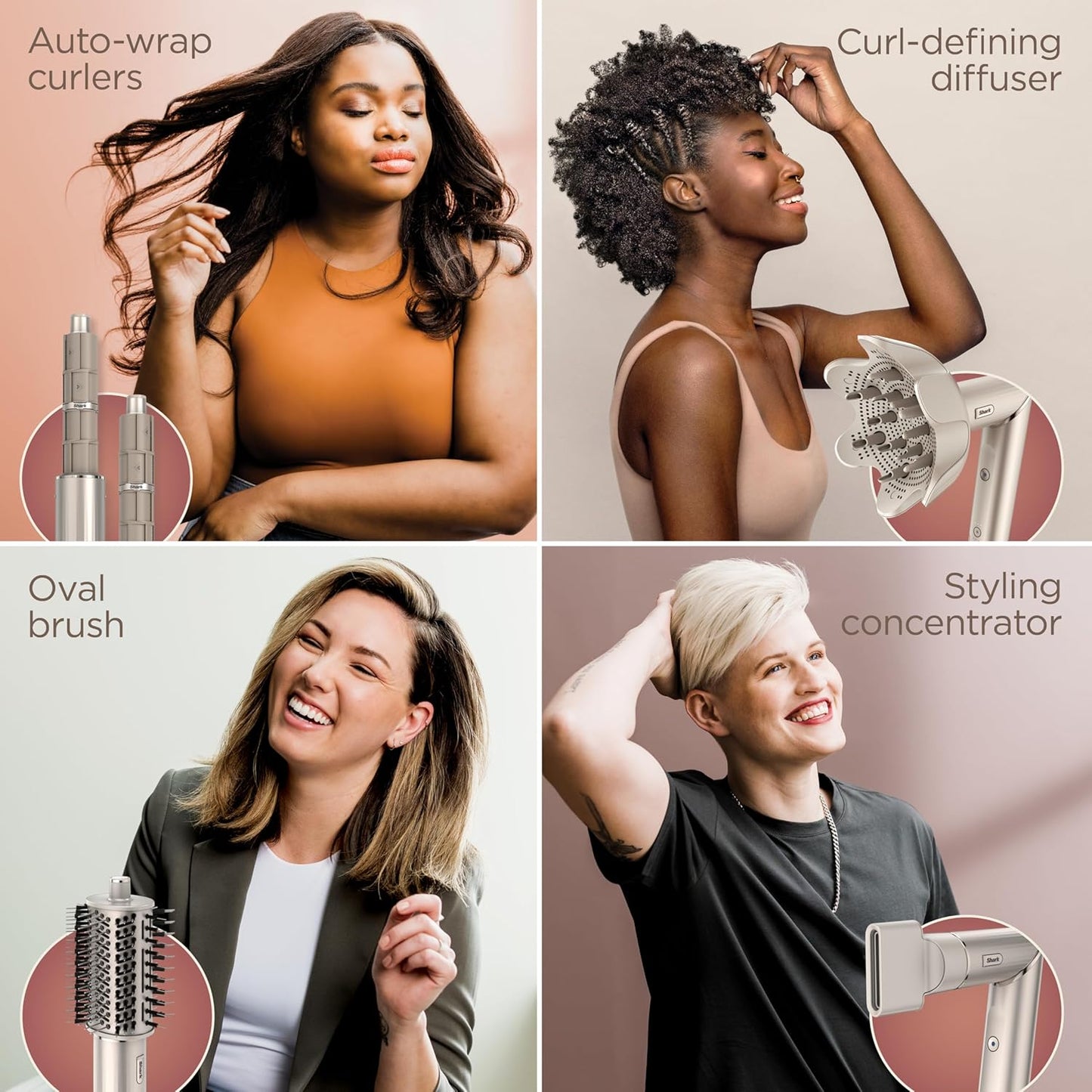 2026 Système de coiffage et de séchage Shark HD430 FlexStyle, sèche-cheveux brosse puissant et multi-styler avec boucleurs Auto-Wrap, brosse plate, brosse ovale et embout concentrateur, coloris Stone