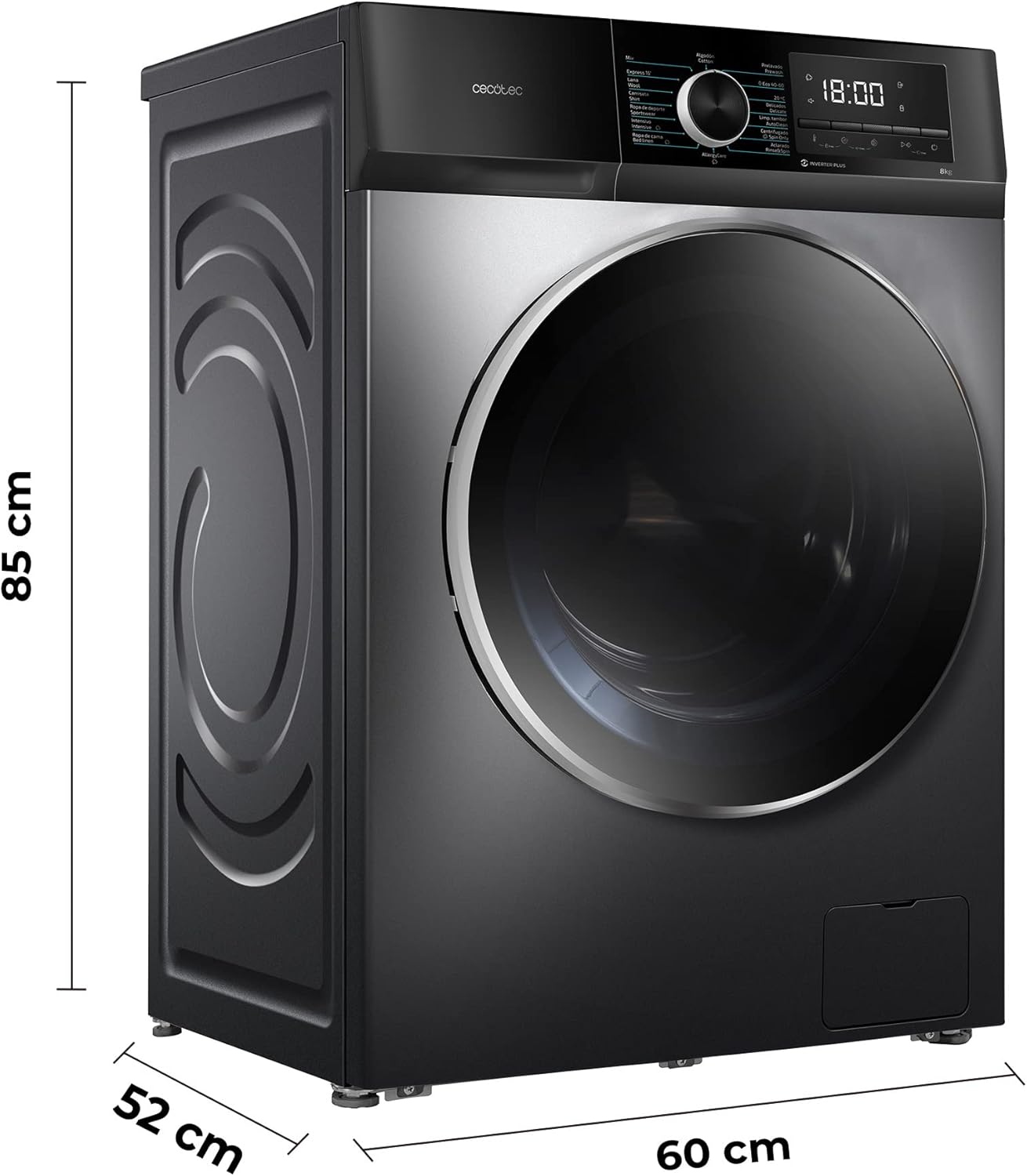 Cecotec Bolero Dresscode 10500 Inverter Steel A. Lave-linge 10 kg Steel, 1400 tr/min, Moteur Inverter Plus, Vapeur, Classe A.
