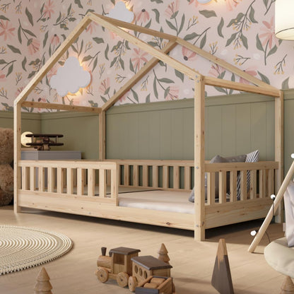 Lit cabane Crazy Pine Crazy House avec tiroirs 190 x 90 cm &ndash; Lit enfant en bois naturel avec barri&egrave;re &ndash; Lit Montessori au sol avec rangement suppl&eacute;mentaire et barri&egrave;re amovible