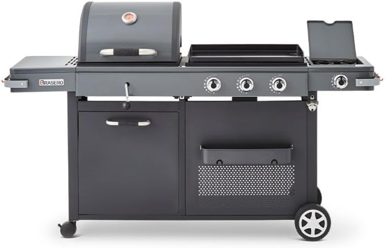 Barbecue Bi-Energy Gun Metal XL - Barbecue Charbon et Plancha 60 x 42 cm à gaz avec brûleur latéral -12,95 KW