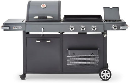 Barbecue Bi-Energy Gun Metal XL - Barbecue Charbon et Plancha 60 x 42 cm à gaz avec brûleur latéral -12,95 KW