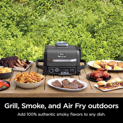 Ninja Woodfire Pro Gril et fumoir 7 en 1 avec thermomètre, friteuse à air, barbecue, pâtisserie, grillades, grillades, barbecue électrique portable pour extérieur, gris