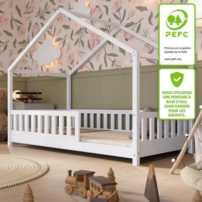 Lit cabane Crazy Pine Crazy House avec tiroirs 190 x 90 cm &ndash; Lit enfant en bois naturel avec barri&egrave;re &ndash; Lit Montessori au sol avec rangement suppl&eacute;mentaire et barri&egrave;re amovible