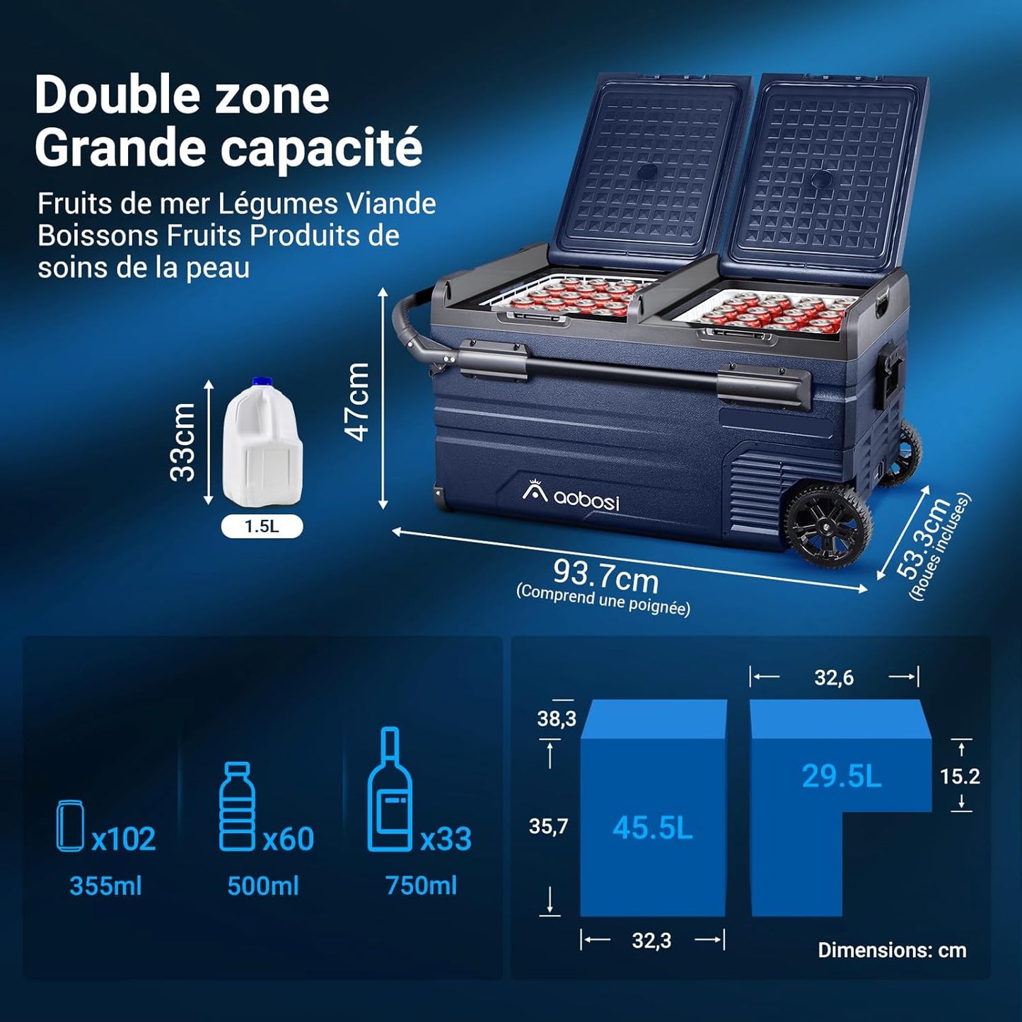 115L Glaciere Electrique Double Zone,Glaciere a Compression WiFi APP,12 V/24 V et 100-240 V Frigo Camping,-20 ℃ à 20 ℃,pour Voiture,Camion,Bateau,Camping,Car,Caravanes,Voyageant,Maison