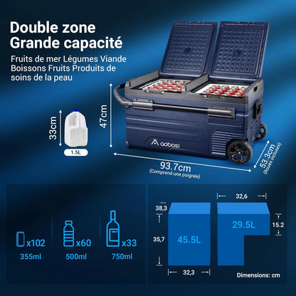 115L Glaciere Electrique Double Zone,Glaciere a Compression WiFi APP,12 V/24 V et 100-240 V Frigo Camping,-20 ℃ à 20 ℃,pour Voiture,Camion,Bateau,Camping,Car,Caravanes,Voyageant,Maison