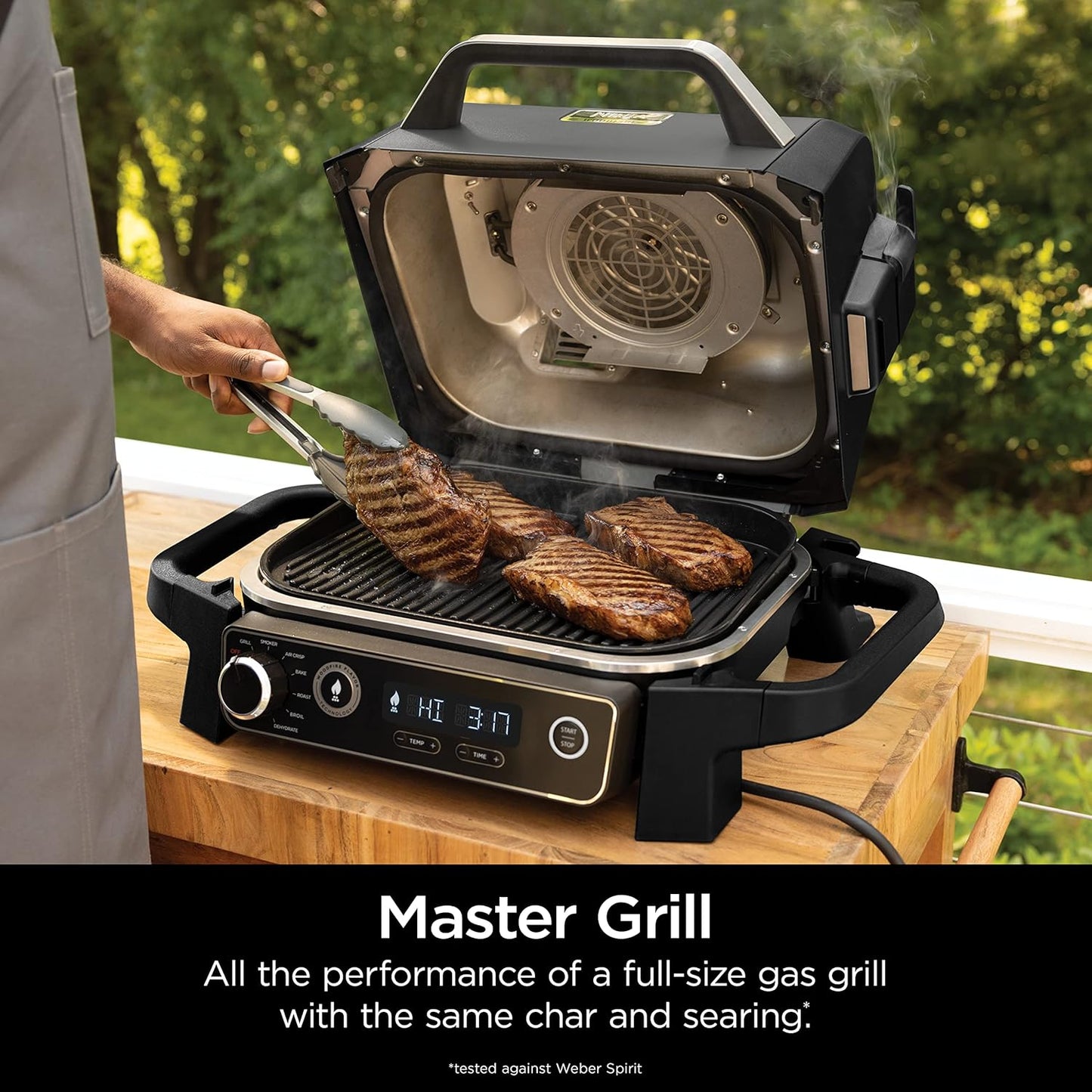 Ninja Woodfire Pro Gril et fumoir 7 en 1 avec thermomètre, friteuse à air, barbecue, pâtisserie, grillades, grillades, barbecue électrique portable pour extérieur, gris