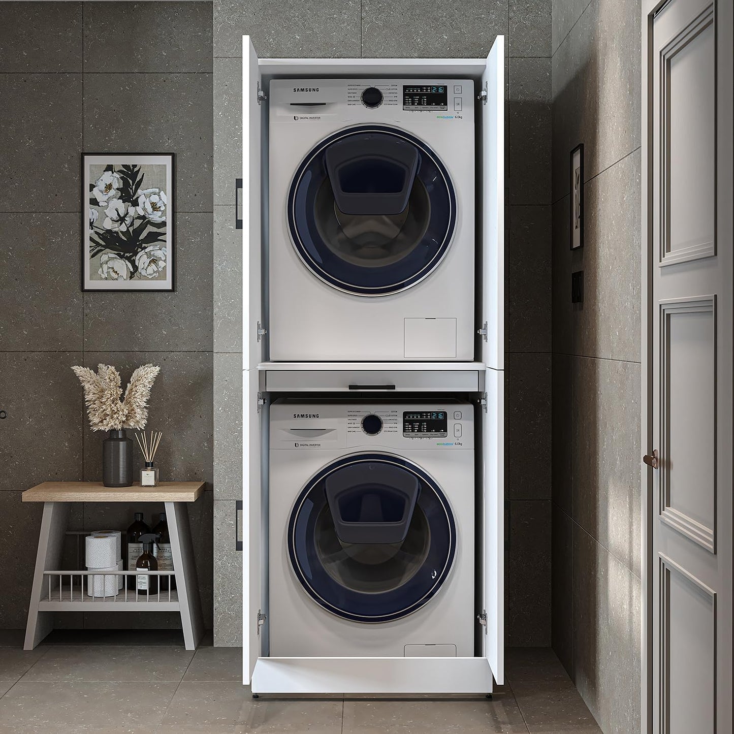 ROOMART Dora Armoire de machine à laver, pour sèche-linge et machine à laver, en 4 couleurs, avec portes et planche coulissante (chêne anthracite)