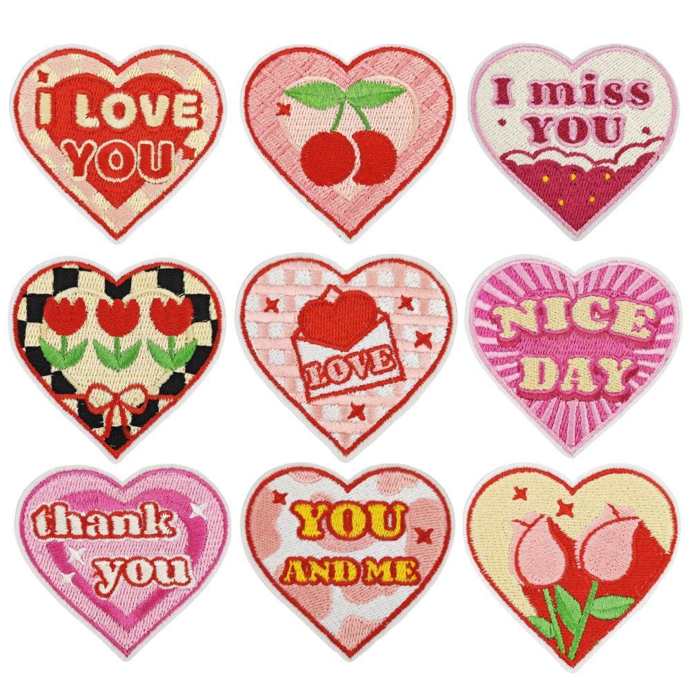love heart embroidered patches cherry floral design iron on