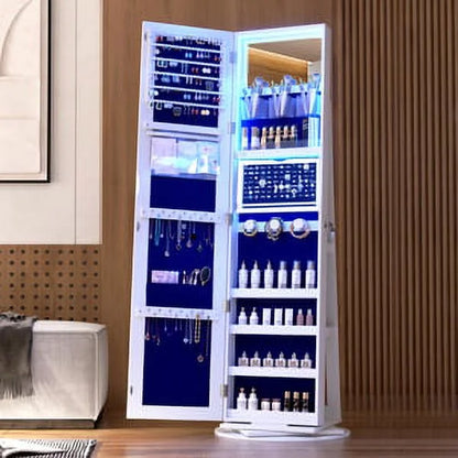 Armoire à bijoux rotative à 360° LVSOMT 2026 avec miroir pleine longueur, grand meuble à bijoux, miroir sur pied verrouillable, organisateur de bijoux avec miroir de maquillage intérieur et intérieur en velours doux pour salon et chambre.