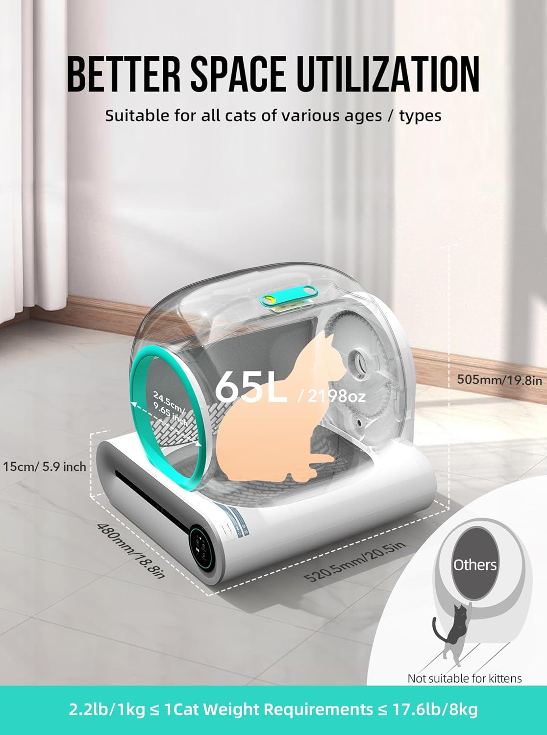 Bac à litière autonettoyant pour chat 2026, avec tapis et inserts, grande capacité 65 L + 9 L, contrôle par application / convient pour plusieurs chats – Gris