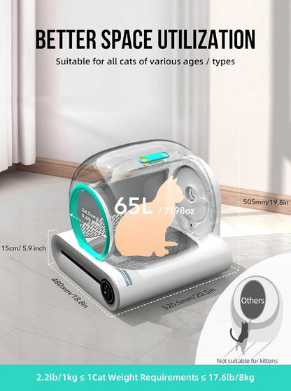 Bac à litière autonettoyant pour chat 2026, avec tapis et inserts, grande capacité 65 L + 9 L, contrôle par application / convient pour plusieurs chats – Gris