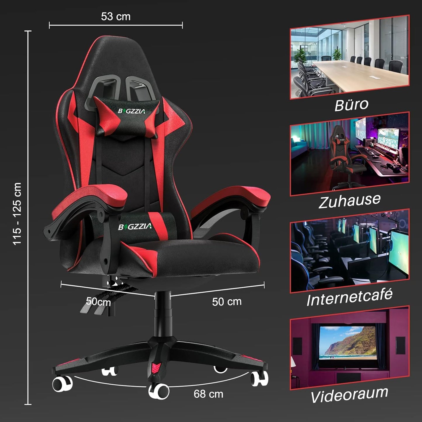 Fauteuil de jeu Bigzzia 2026, fauteuil de bureau inclinable, dossier haut, cuir, réglable, pivotant, à roulettes, ergonomique, fauteuil de jeu vidéo, fauteuil de course, fauteuil de bureau avec appui-tête et soutien lombaire (noir/rouge)