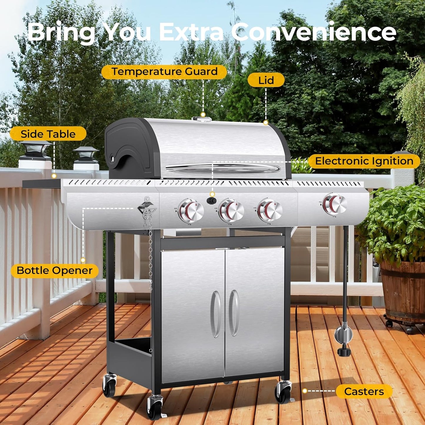 Barbecues à gaz propane R.W.FLAME 2026 à 3 et 4 brûleurs avec brûleurs latéraux, pour la cuisine en plein air, les grillades, la terrasse et le camping.