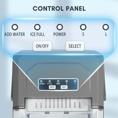 Machine à glaçons de comptoir 2026, portable, avec poignée de transport, autonettoyante, panier et pelle inclus, 9 glaçons en 6 minutes, capacité de 12 kg/24 h, 2 tailles de glaçons, idéale pour la maison, la cuisine et les fêtes, couleur grise.