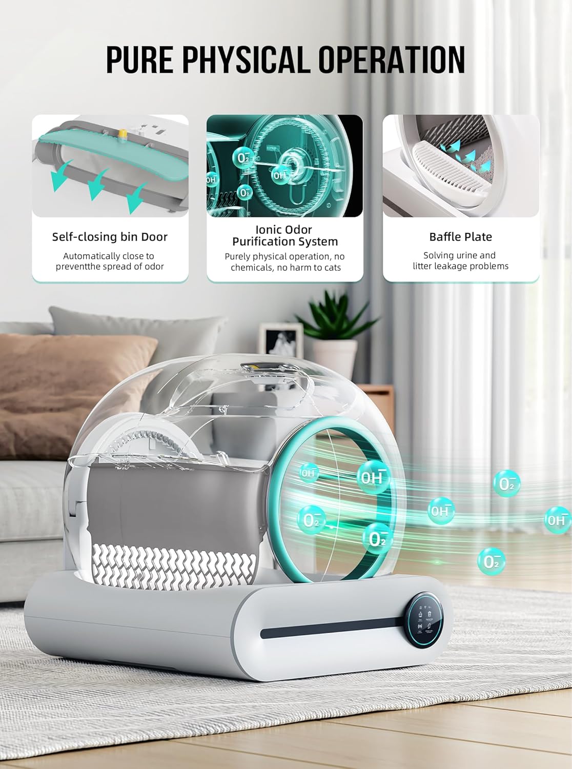 Bac à litière autonettoyant pour chat 2026, avec tapis et inserts, grande capacité 65 L + 9 L, contrôle par application / convient pour plusieurs chats – Gris