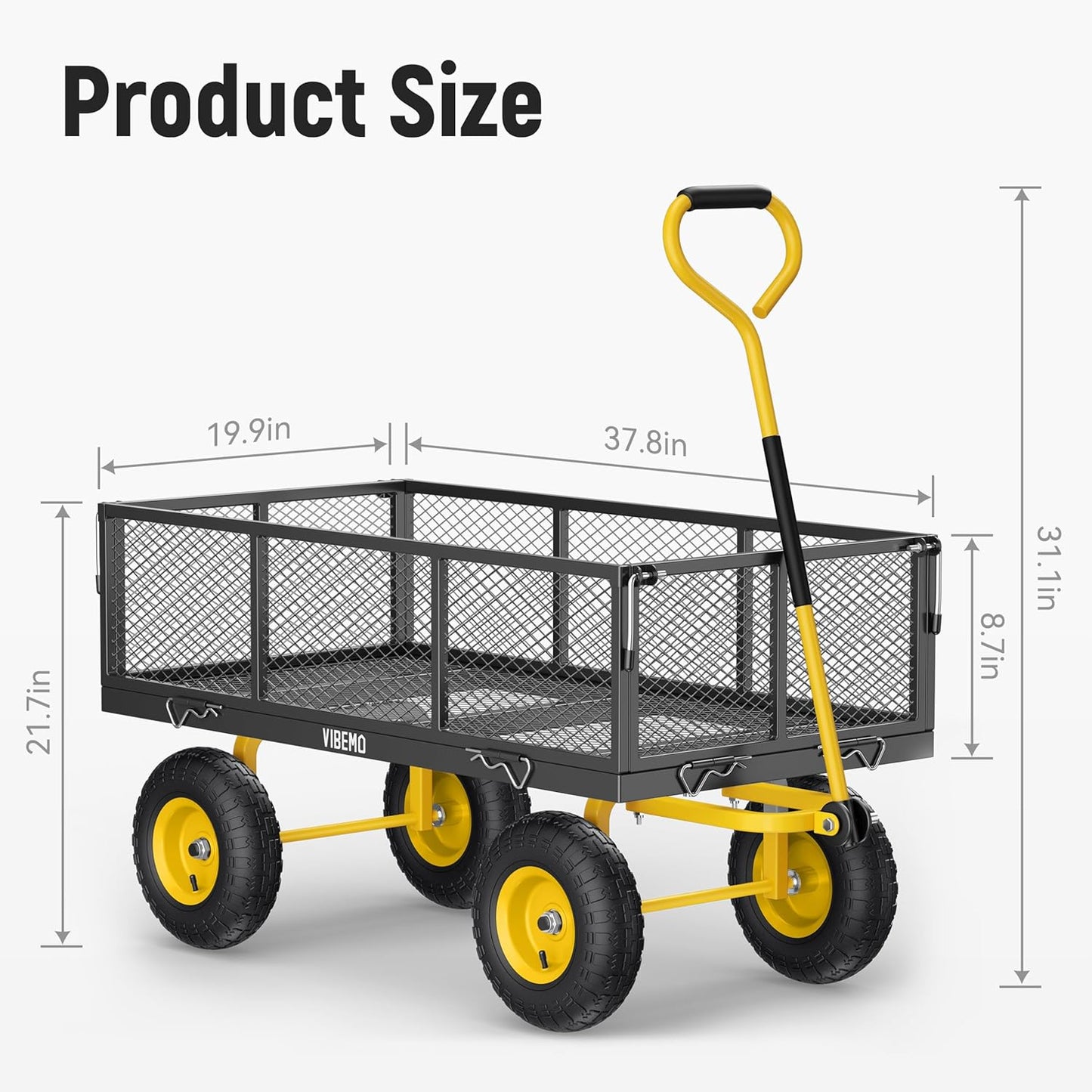 Chariot de jardin en acier 2026, 2 en 1, robuste, utilitaire, 635 kg (1400 lb), avec ridelles amovibles en filet pour le transformer en plateau, demi-tour à 240°, pneus pneumatiques de 33 cm (13 po), idéal pour la ferme, le jardin, la pelouse et le c
