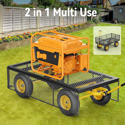 Chariot de jardin en acier 2026, 2 en 1, robuste, utilitaire, 635 kg (1400 lb), avec ridelles amovibles en filet pour le transformer en plateau, demi-tour à 240°, pneus pneumatiques de 33 cm (13 po), idéal pour la ferme, le jardin, la pelouse et le c
