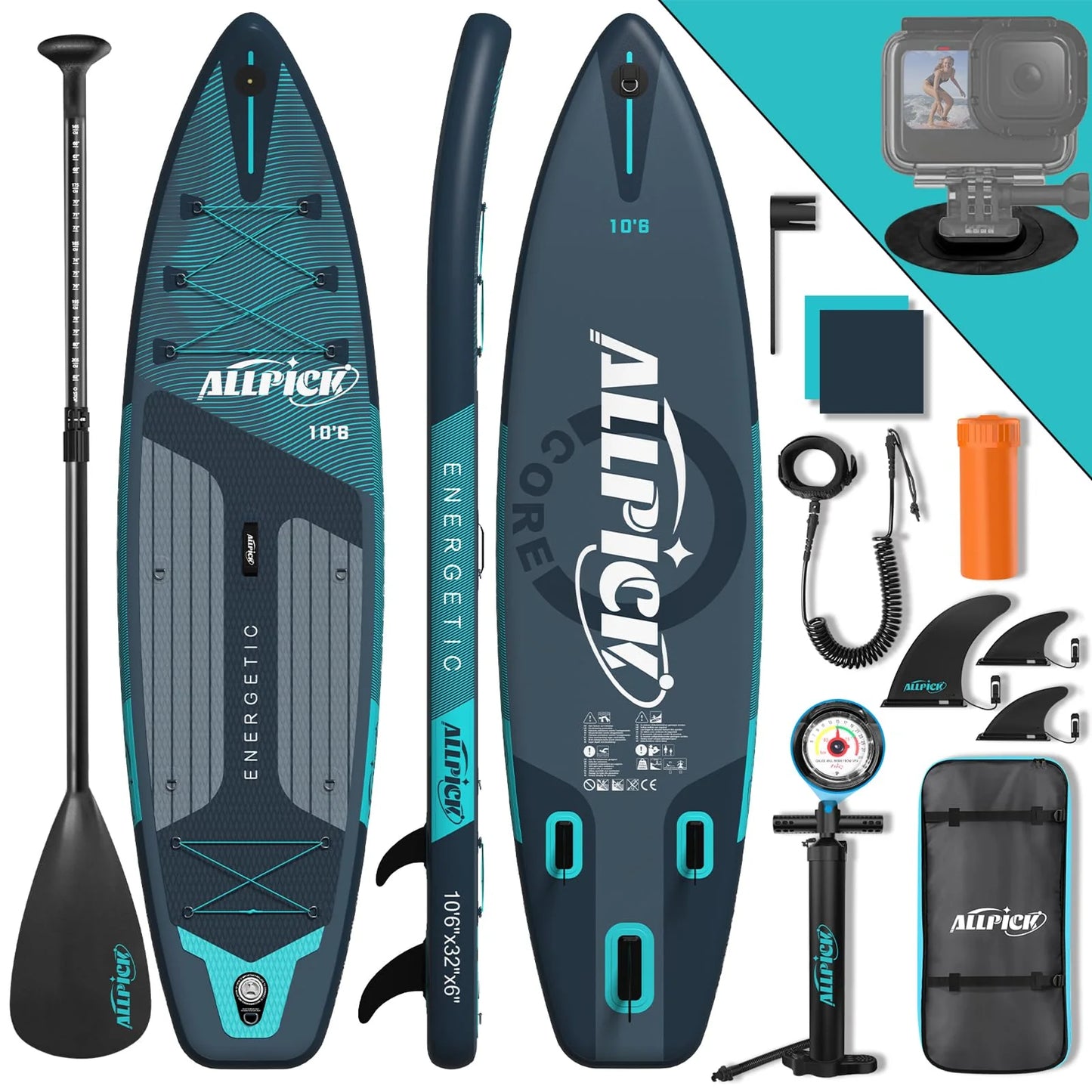 Ensemble de planche de SUP ALLPICK Premium 2026, planche de paddle gonflable, avec support de caméra universel, accessoires complets, pagaie réglable, débutant, avancé, 180 kg (vert premium)