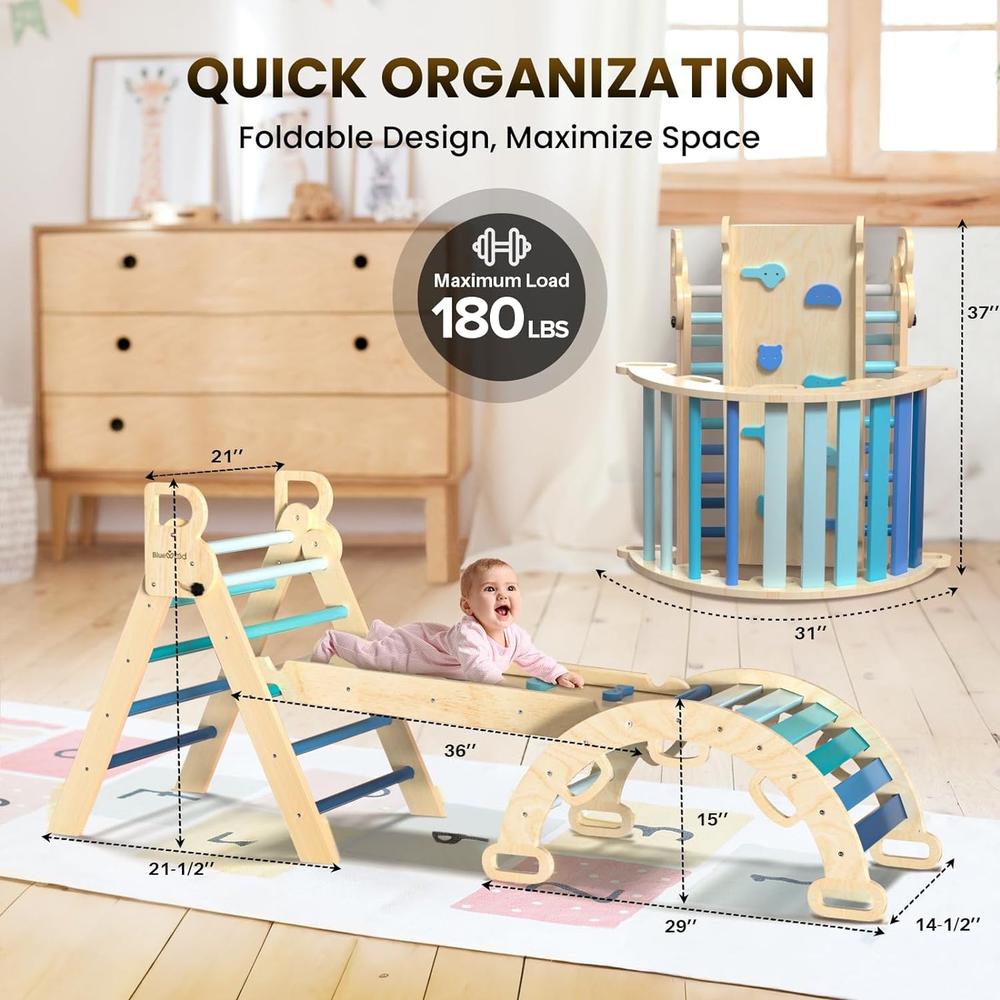 2026 Pikler-Dreieck-Set, 7-in-1, faltbares Baby-Kletterspielzeug, hölzernes Montessori-Kletterset mit Bogen, Rampe und Leiter, Baby-Klettergerät, Indoor-Klettergerüste für Kleinkinder, Montessori-Spielzeug – Regenbogen