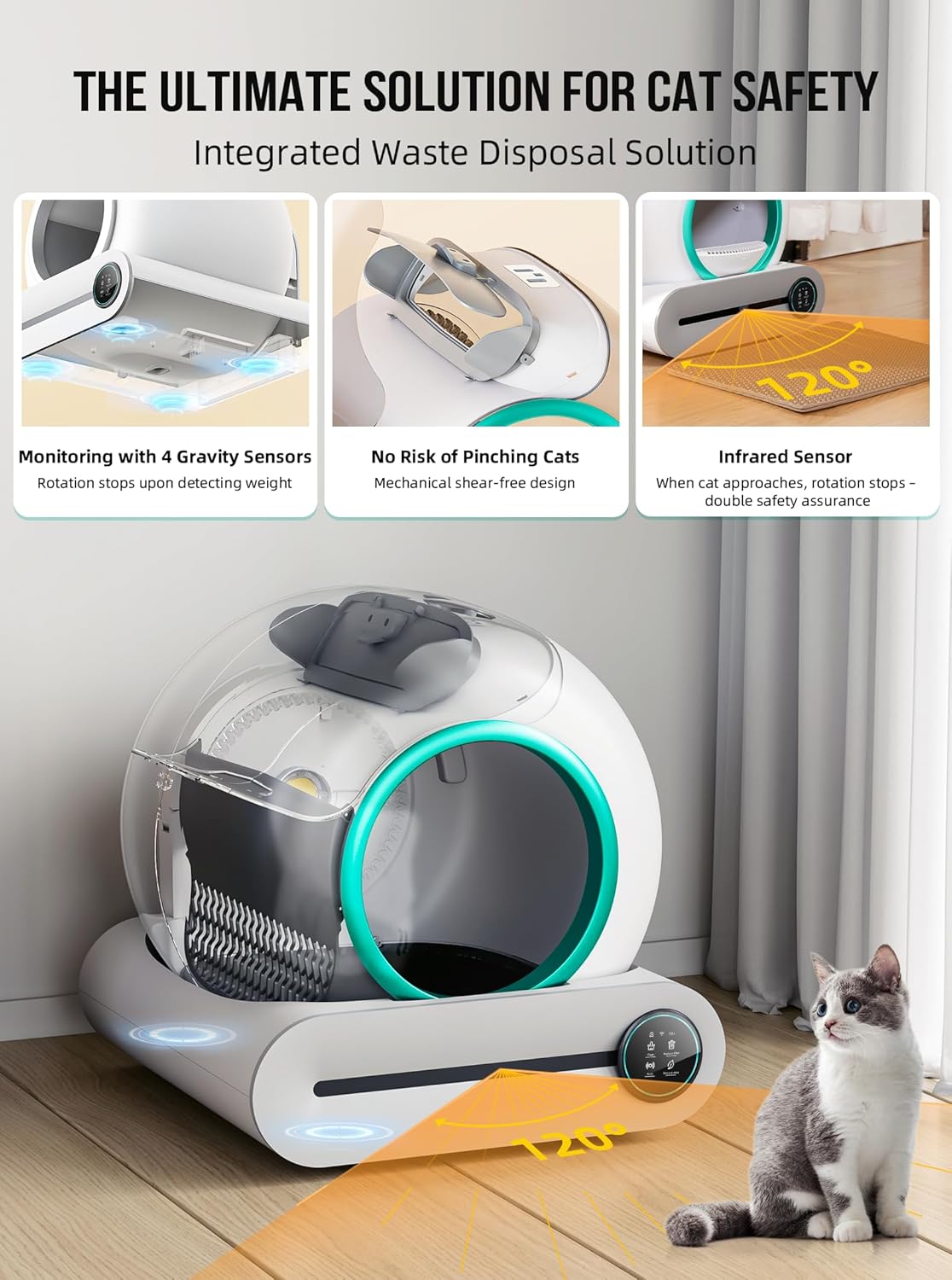 Bac à litière autonettoyant pour chat 2026, avec tapis et inserts, grande capacité 65 L + 9 L, contrôle par application / convient pour plusieurs chats – Gris